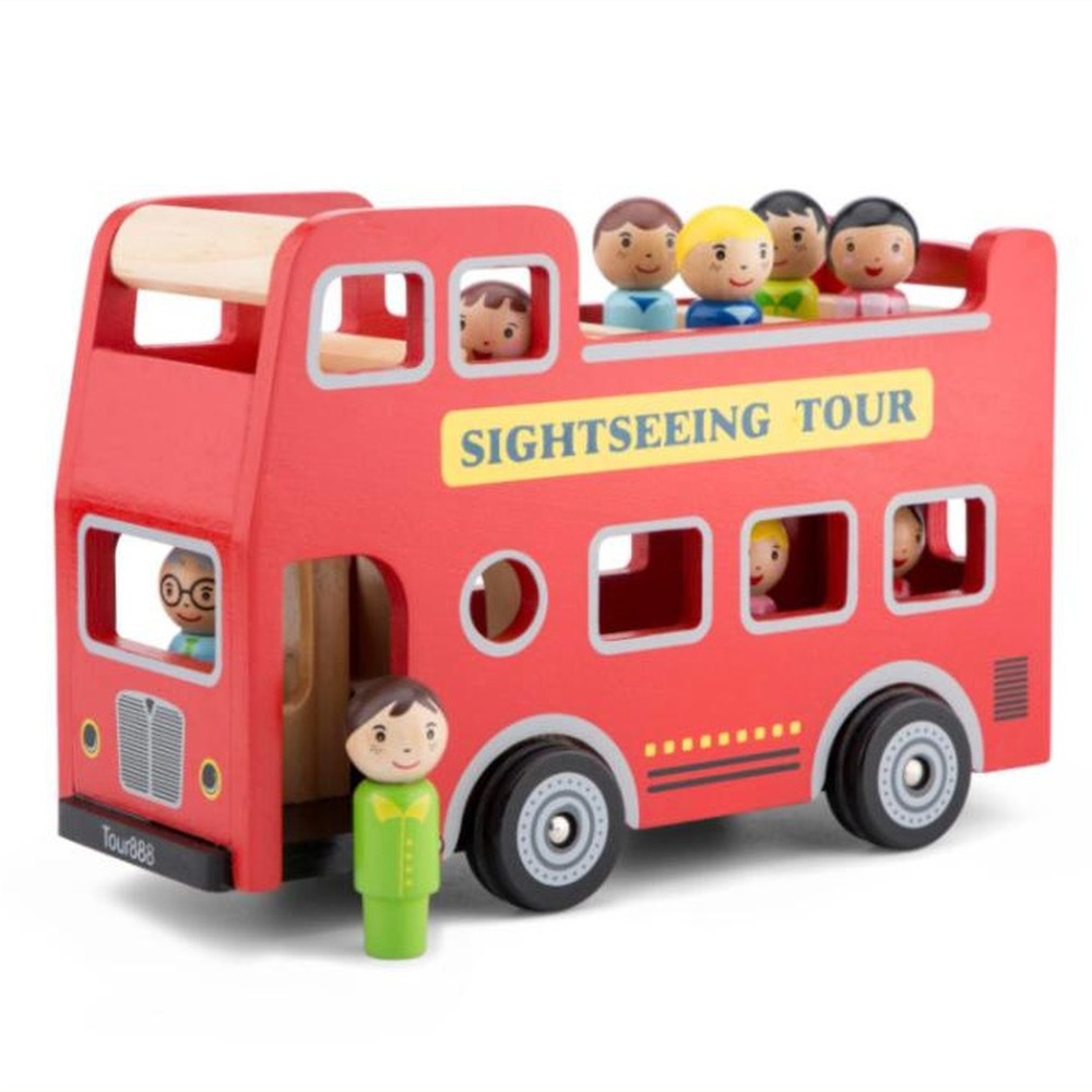 Woet houten city tour bus met 9 speelfiguren huren bij RePlayClub